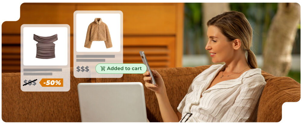 Pessoa comprando no celular com um desconto e “adicionado ao carrinho”, exemplo de sinais de valor e sensibilidade ao preço.