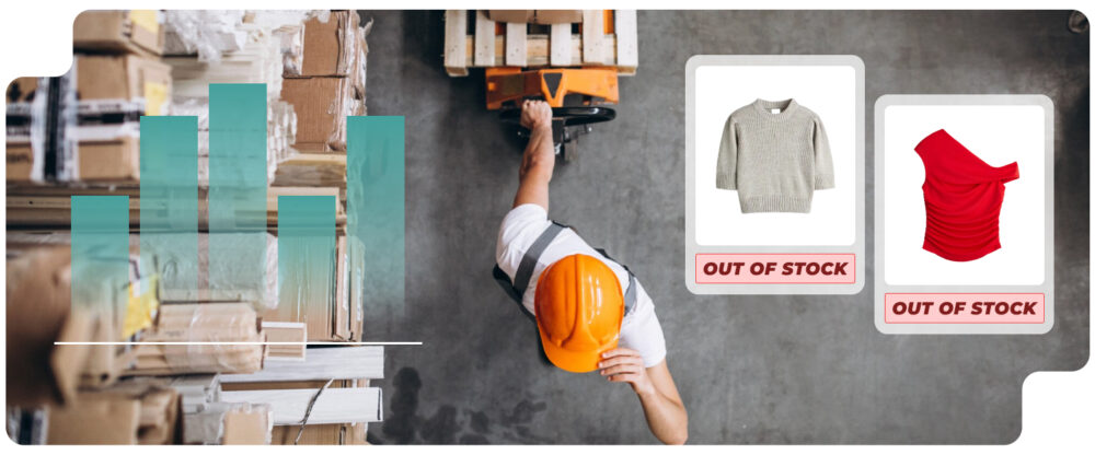 Armazém com operador e gráfico de inventário; produtos marcados como “fora de estoque”, fundamentais em sinais operacionais.