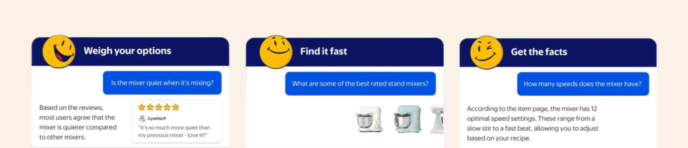 Paneles de Walmart que muestran cómo la IA y Sparky ayudan a comparar opciones, encontrar productos rápido y obtener datos (ej., batidoras) con tarjetas informativas.