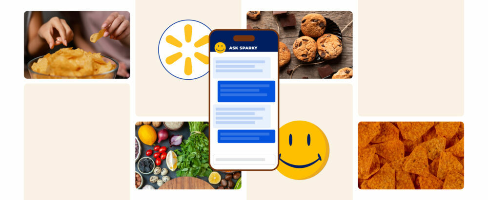 Collage de Walmart con pantalla “Ask Sparky” al centro, logo de Walmart y carita de Sparky; la IA se asocia a alimentos como papas fritas, galletas y una mesa de ingredientes.