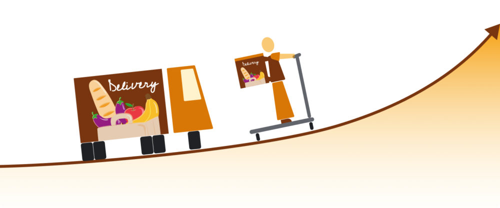 Delivery truck with food and a delivery person on a scooter going up an upward-sloping line with an arrow, symbolising supermarket q-commerce growth in Spain.