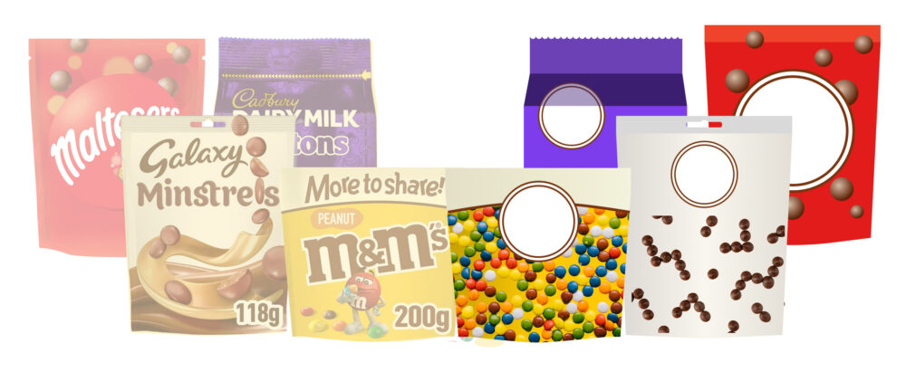 Collage de productos de chocolate y caramelos: paquetes de marcas conocidas mezclados con envases genéricos etiquetados ‘MDD’, con colores morado, rojo, amarillo y blanco