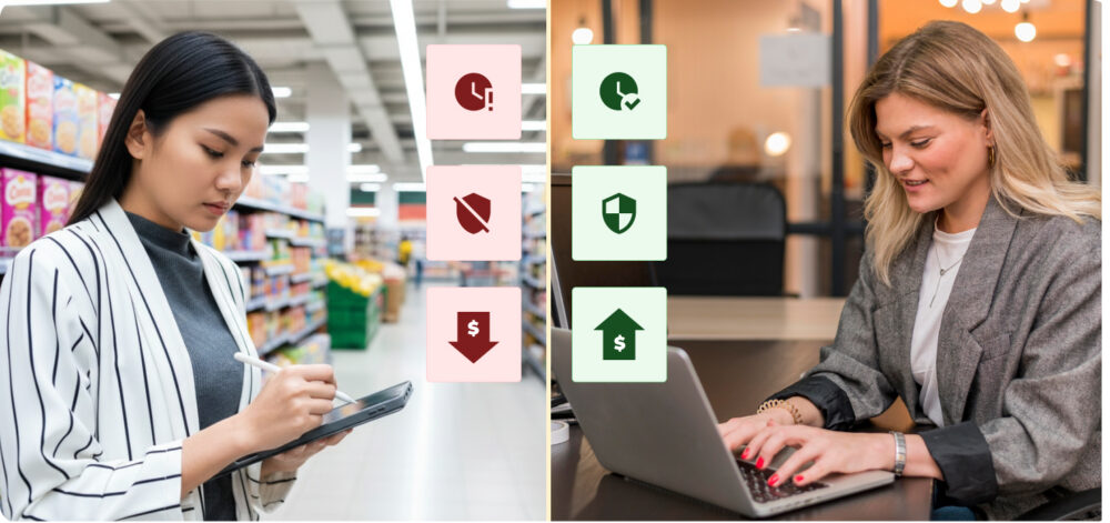 Imagen dividida: a la izquierda, persona en supermercado usando una tablet; a la derecha, persona con portátil en un entorno de oficina/cafetería. Entre ambas, iconos de reloj, escudo y flecha con dólar (bajada) frente a reloj con check, escudo y flecha con dólar (subida). Ejemplo de store checks tradicionales versus trade marketing en tiempo real.