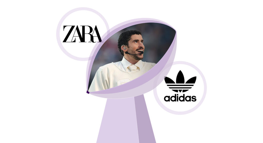 Retail Opportunities graphic with an artist in a white look and microphone, alongside Zara and Adidas logos, Bad Bunny theme.
