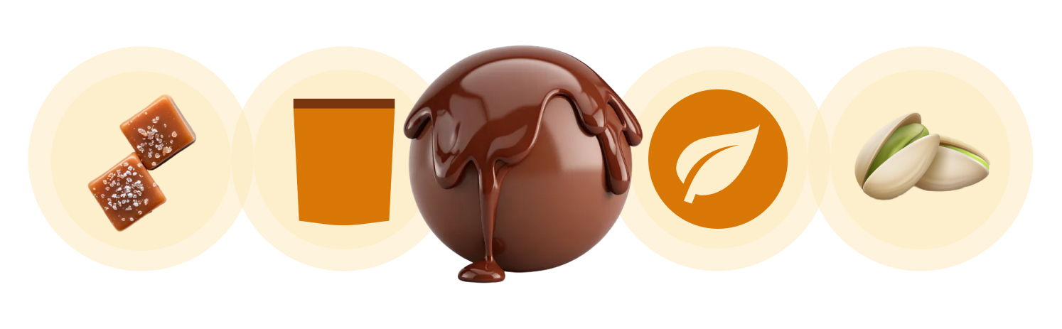 Ingredient and attribute icons: salted caramels, a glass, a melting chocolate sphere, a leaf suggesting sustainability and pistachios as a variety of flavours.