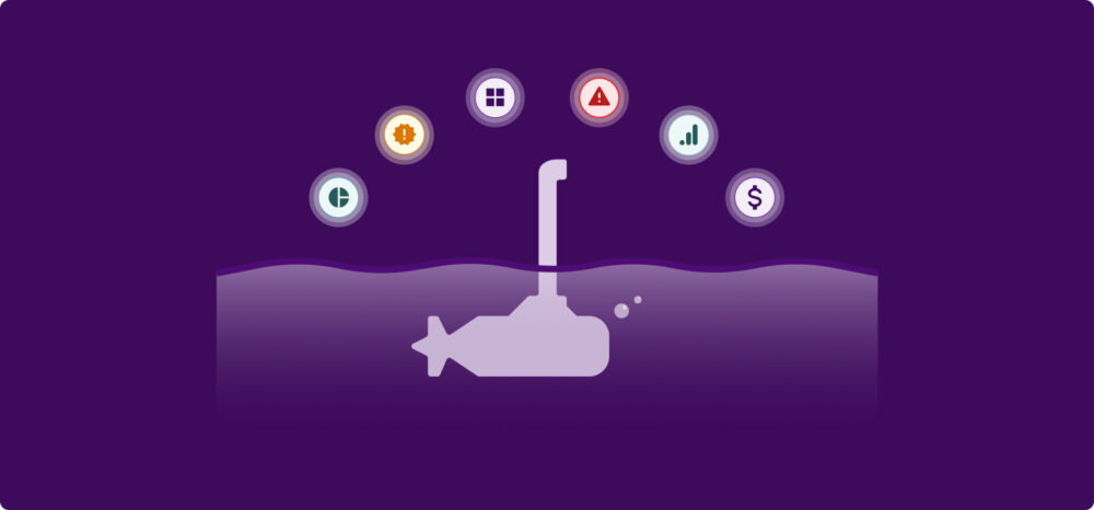 Submarine underwater with alert icons, graphs and money on the surface, a metaphor for detecting weak signals before market changes.