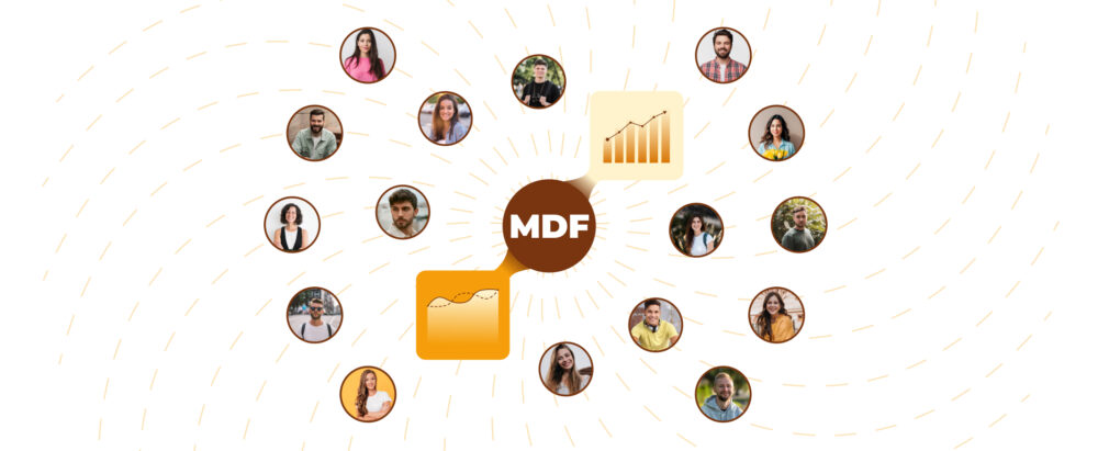 Diagrama de red: círculo central ‘MDF’ conectado a varios retratos circulares de personas y a iconos de gráfico y documento, sobre fondo con líneas radiales