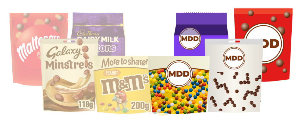 Collage de productos de chocolate y caramelos: paquetes de marcas conocidas mezclados con envases genéricos etiquetados ‘MDD’, con colores morado, rojo, amarillo y blanco. Representa el avance de las marcas de distribuidor.