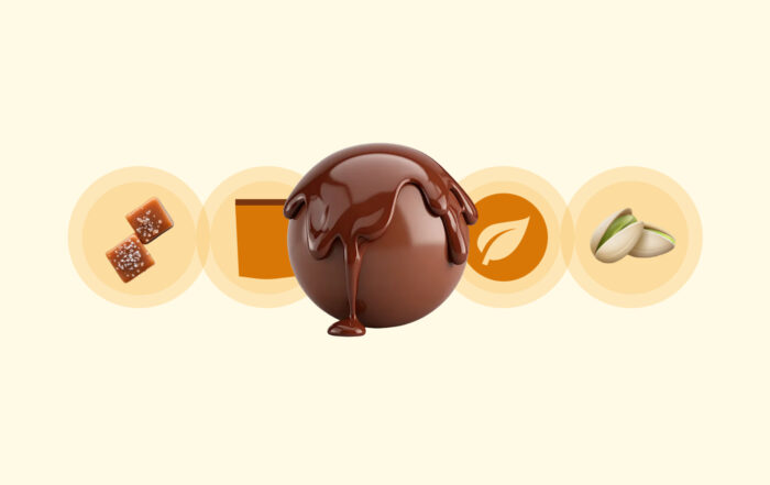 Iconos de ingredientes y atributos: caramelos con sal, un vaso, una esfera de chocolate fundido, una hoja que sugiere sostenibilidad y pistachos como variedad de sabores.