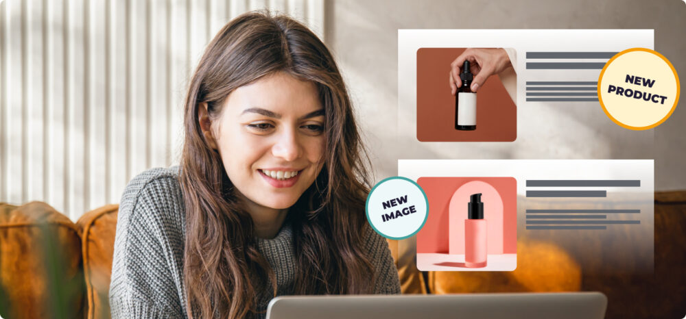 Person using a laptop with product cards and 'NEW PRODUCT' and 'NEW IMAGE' labels, indicating content updates on the Digital Shelf to respond to market changes.