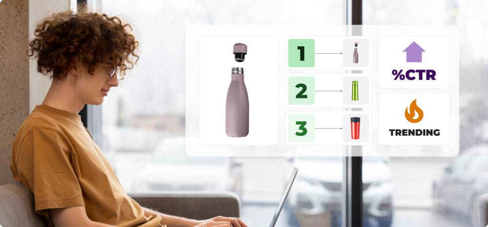 Person looking at a panel with a product bottle, ranking 1–3, increase in %CTR and 'trending' label, example of Digital Shelf metrics and trends signalling market changes.