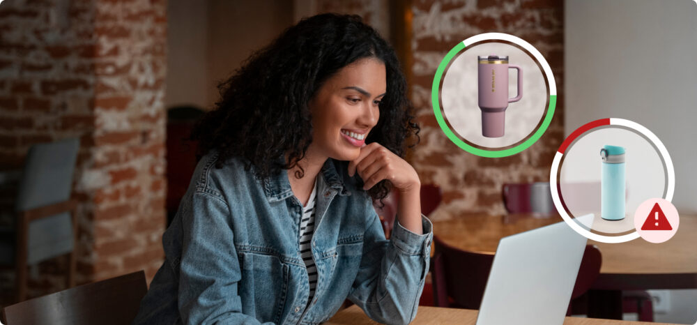 Person smiling in front of a laptop with two products in circles, one marked with an alert; suggests Digital Shelf monitoring and weak signals such as availability or incidents.
