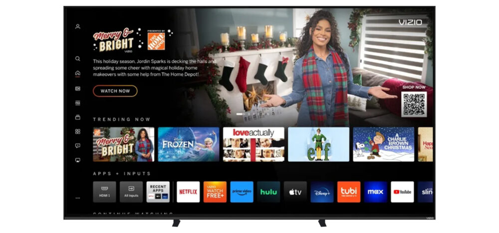 Pantalla de inicio de TV vizio SmartCast con contenido destacado, opción “Shop Now” y mosaicos de apps; ejemplo de experiencia de comercio y anuncios de walmart mediante walmart connect.