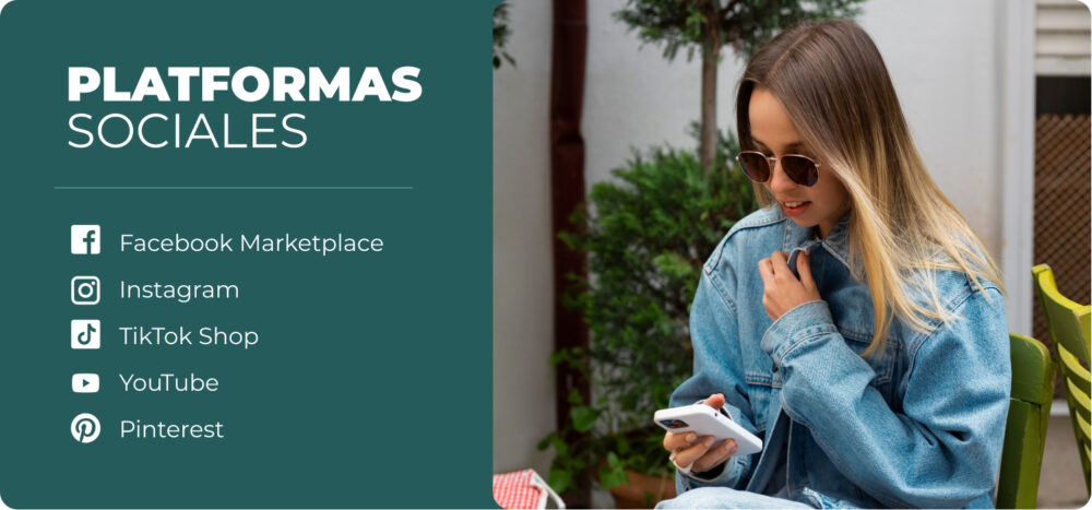 Diapositiva sobre plataformas sociales usadas para compra y reventa de moda, con Facebook Marketplace, Instagram, TikTok Shop, YouTube y Pinterest, junto a una joven mirando su móvil.