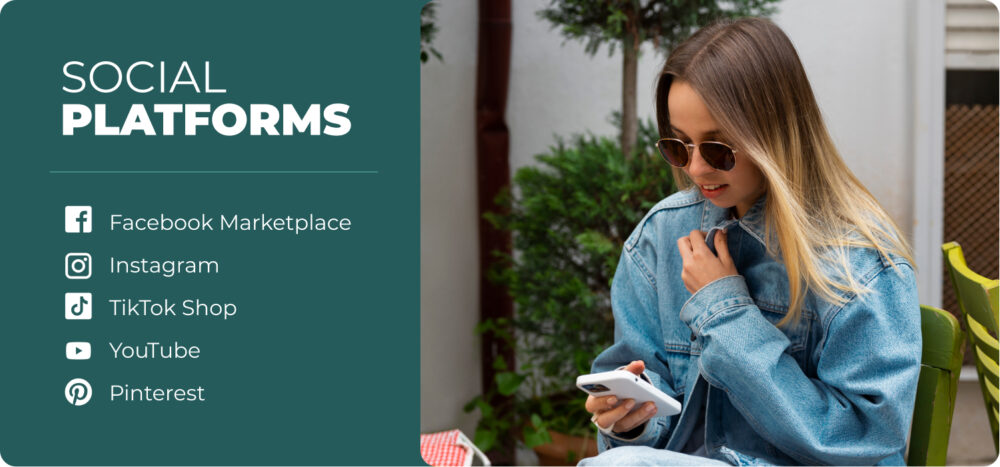 Slide about social platforms used for buying and reselling fashion, with Facebook Marketplace, Instagram, TikTok Shop, YouTube and Pinterest, alongside a young person looking at their mobile.