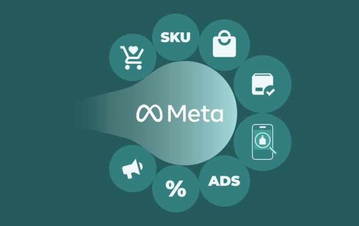 Infografía que muestra el ecosistema de Meta aplicado al Retail Media, con el logotipo de la marca en el centro rodeado por iconos que representan SKUs, anuncios (ads), carritos de compra, descuentos y herramientas de análisis digital.