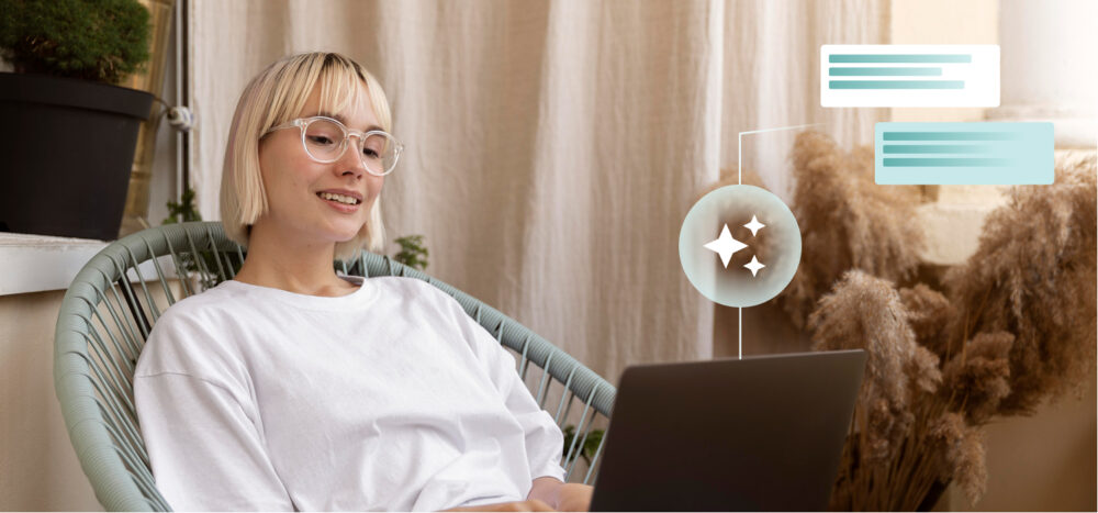 Usuária trabalhando com um copiloto baseado em LLM em seu notebook, com mensagens e sugestões na tela.