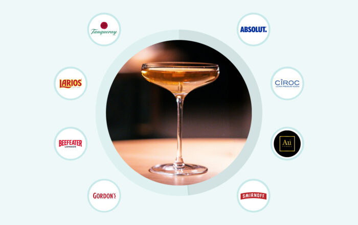 Copa de cóctel en el centro rodeada por marcas como Tanqueray, Larios, Beefeater, Gordon’s, Absolut, Cîroc, Au y Smirnoff.