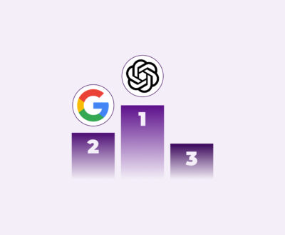 Ilustración de podio con el logo de chatgpt en el primer puesto y el logo de google en el segundo, representando una comparación visual de liderazgo en citación. Imagen asociada a citar, chatgpt, google y query fan out.