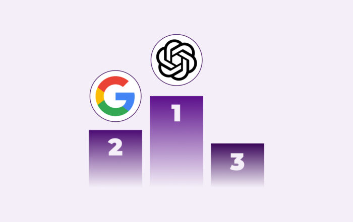 Ilustración de podio con el logo de chatgpt en el primer puesto y el logo de google en el segundo, representando una comparación visual de liderazgo en citación. Imagen asociada a citar, chatgpt, google y query fan out.