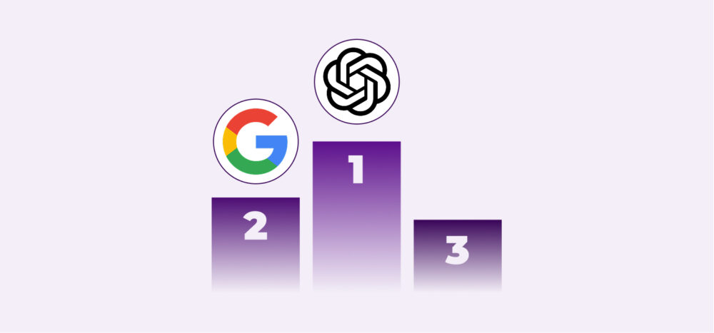 Ilustración de podio con el logo de chatgpt en el primer puesto y el logo de google en el segundo, representando una comparación visual de liderazgo en citación. Imagen asociada a citar, chatgpt, google y query fan out.