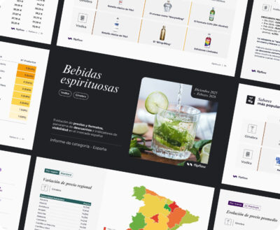 Category report for spirits in the Spanish market, showcasing price and format evolution, discount indicators, and regional price variations for vodka and gin categories.