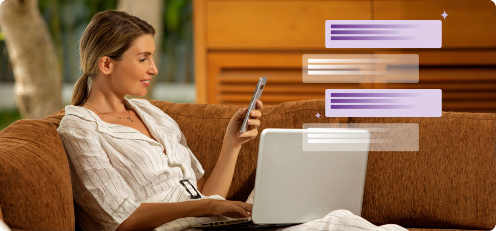 Woman using mobile and laptop on a sofa while interacting with AI-generated messages and LLM-based assistants.