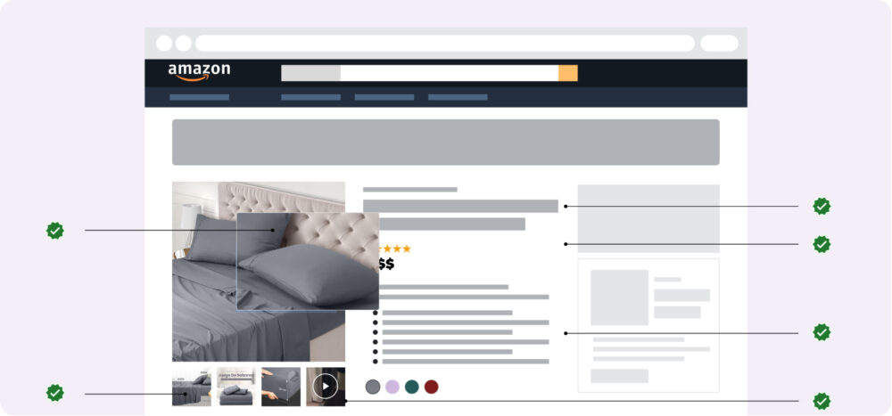 Ficha de producto en Amazon con imágenes, bullets, variaciones y módulos destacados, ejemplo de contenido optimizado para marketplace.