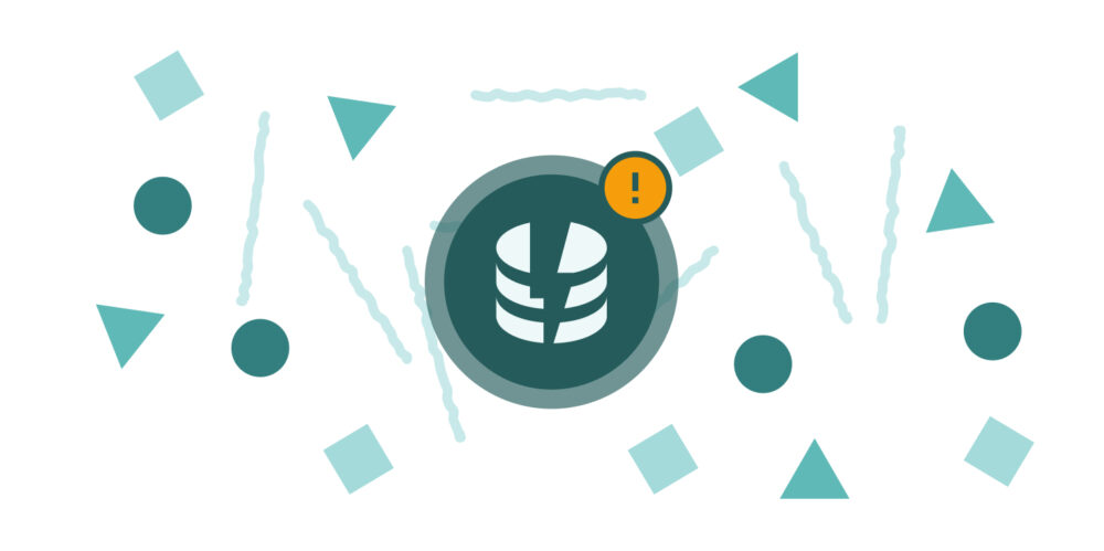 Ilustración de base de datos con icono de alerta y elementos dispersos alrededor; señales de la fragmentación de datos en sistemas.