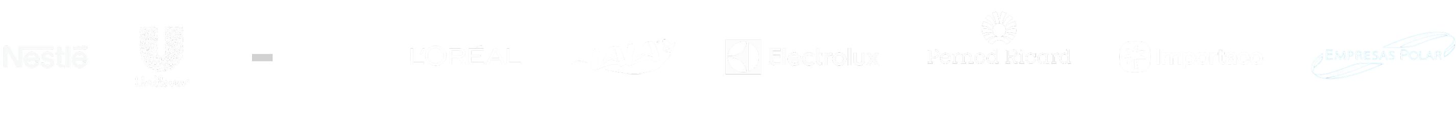Monochrome banner of global enterprise client logos including Nestlé, Unilever, L'Oréal, Grupo LALA, Electrolux, Pernod Ricard, Importaco, and Empresas Polar