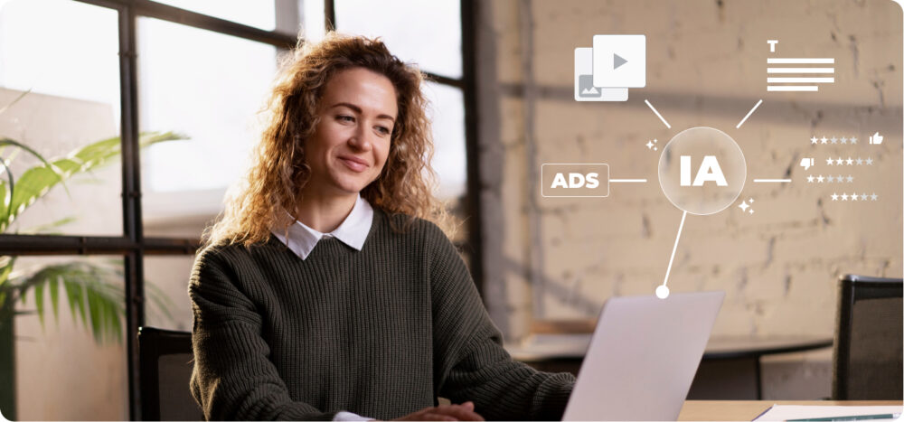 Mujer trabajando en portátil mientras una IA conecta anuncios, contenido visual, texto y valoraciones para acciones de retail media.