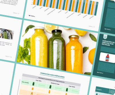 Juice and beverage market intelligence report displaying price variations per retailer, popular product formats for 100% juices and green juices, and regional market distribution.