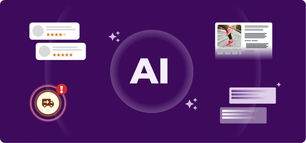 Central AI node connected to reviews, product sheet, conversations, and a shipping alert for automated retail analysis.