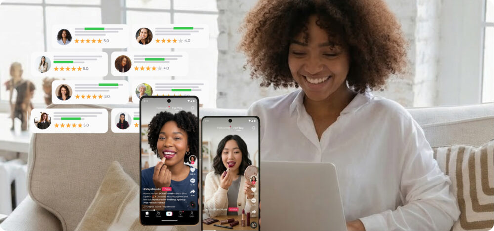 Usuaria con portátil junto a vídeos verticales de creadoras y tarjetas de reviews con estrellas, ejemplo de contenido social para ecommerce.