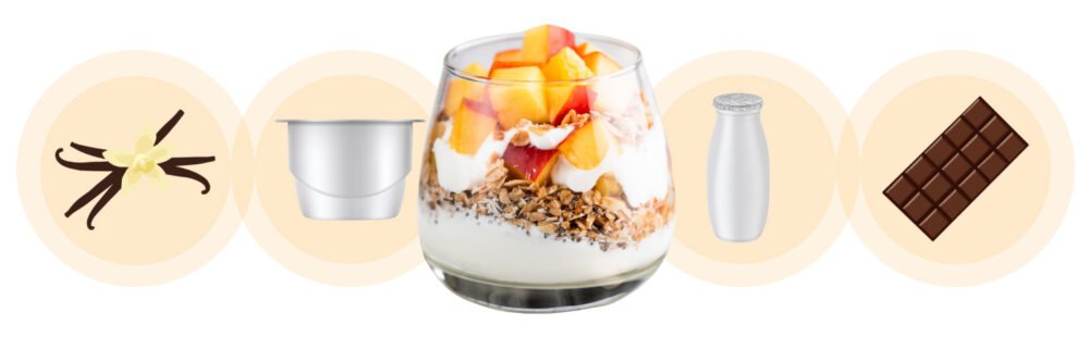 Copa tipo parfait de yogur con granola y fruta; iconos de sabores vainilla y chocolate, y envases en tarrina y botella.