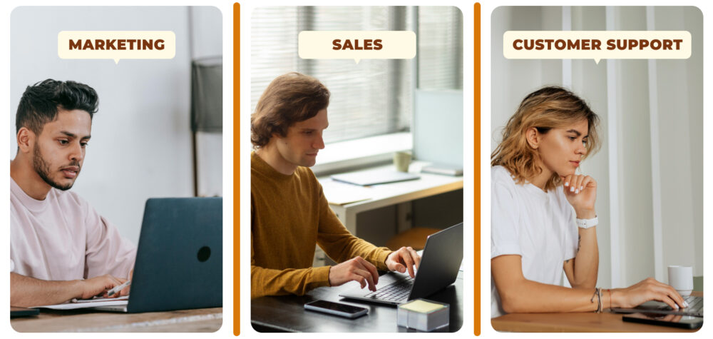 Tres paneles de equipos “Marketing”, “Sales” y “Customer Support” trabajando por separado; señales de la fragmentación de datos en silos departamentales.