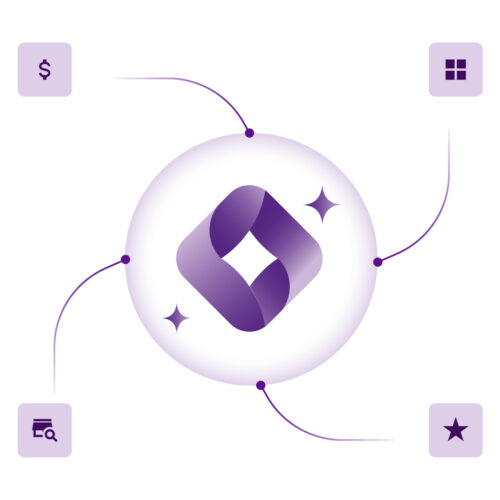 A central purple AI emblem representing Tyrell AI, connected via fluid lines to four modular icons: Pricing ($), Assortment (grid icon), Digital Shelf (store icon), and Sentiment (star icon).
