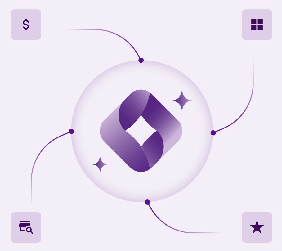 A central purple AI emblem representing Tyrell AI, connected via fluid lines to four modular icons: Pricing ($), Assortment (grid icon), Digital Shelf (store icon), and Sentiment (star icon).