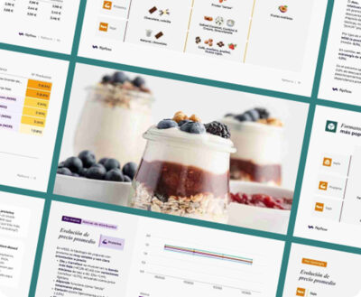 Dairy category report focusing on the yogurt sector, analyzing average price evolution, protein-enriched product trends, and competitive price positioning between brands and private labels.