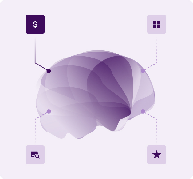 brain-1-mobile Layered purple human brain illustration serves as a central hub, connected to four functional modules in the corners. Each module is represented by an icon within a rounded square. One of the modules is activated.