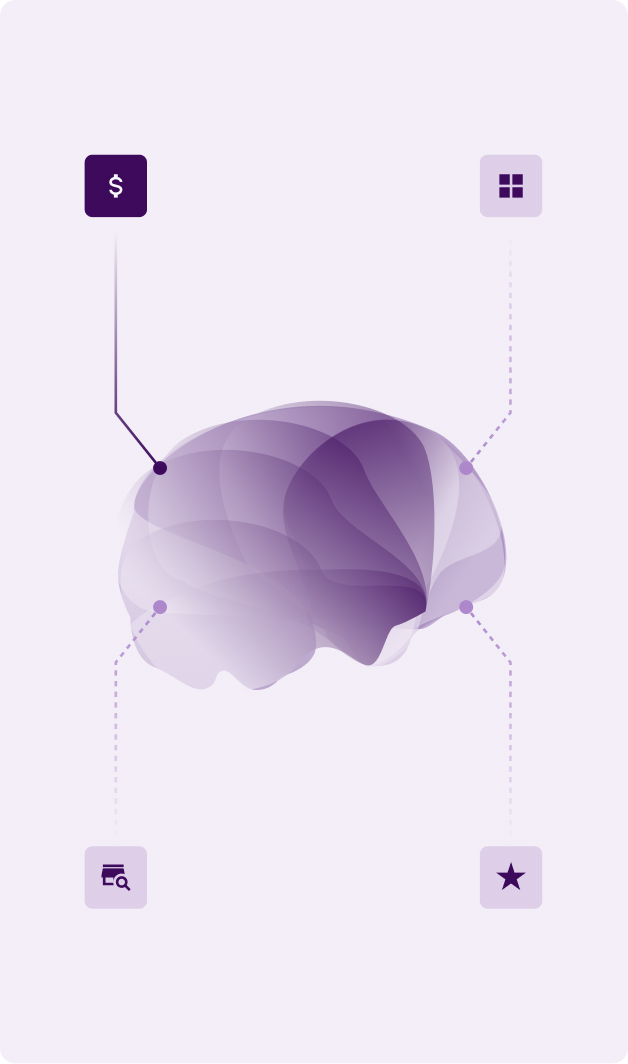 brain-1 Layered purple human brain illustration serves as a central hub, connected to four functional modules in the corners. Each module is represented by an icon within a rounded square. One of the modules is activated.