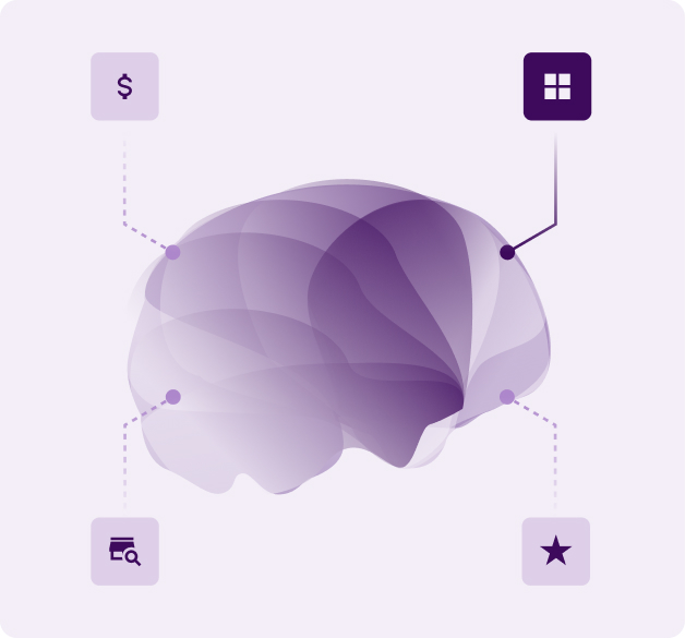 brain-2-mobile Layered purple human brain illustration serves as a central hub, connected to four functional modules in the corners. Each module is represented by an icon within a rounded square. One of the modules is activated.