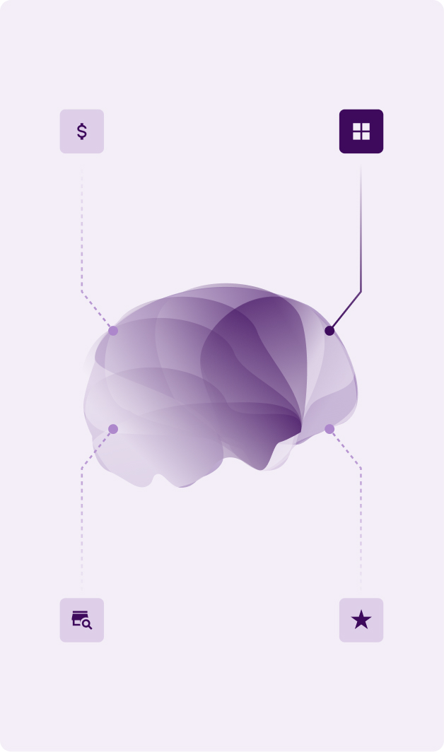 brain-2 Layered purple human brain illustration serves as a central hub, connected to four functional modules in the corners. Each module is represented by an icon within a rounded square. One of the modules is activated.