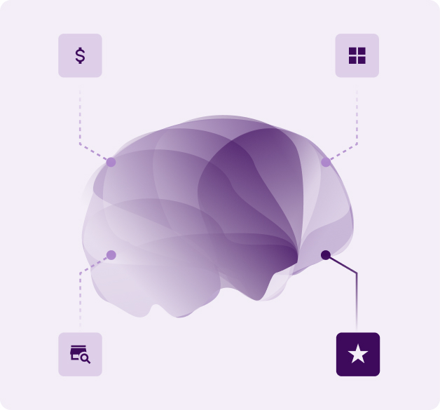 Layered purple human brain illustration serves as a central hub, connected to four functional modules in the corners. Each module is represented by an icon within a rounded square. One of the modules is activated.  
