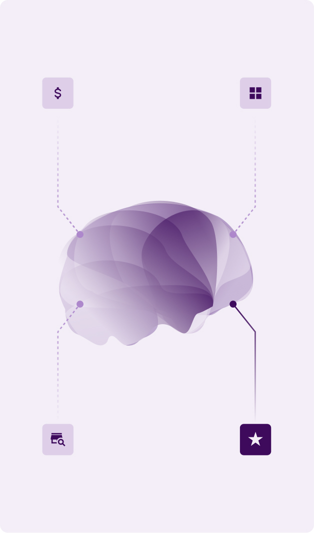 Layered purple human brain illustration serves as a central hub, connected to four functional modules in the corners. Each module is represented by an icon within a rounded square. One of the modules is activated.  