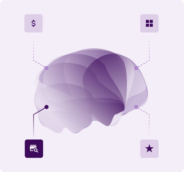 Layered purple human brain illustration serves as a central hub, connected to four functional modules in the corners. Each module is represented by an icon within a rounded square. One of the modules is activated.  