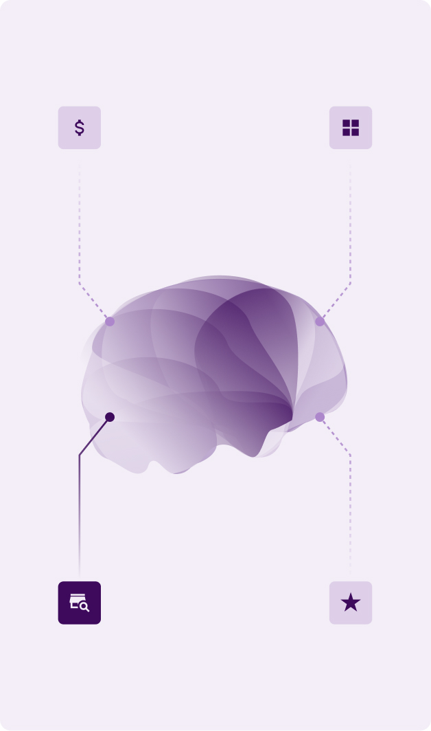 Layered purple human brain illustration serves as a central hub, connected to four functional modules in the corners. Each module is represented by an icon within a rounded square. One of the modules is activated.  