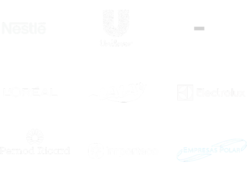 Monochrome banner of global enterprise client logos including Nestlé, Unilever, L'Oréal, Grupo LALA, Electrolux, Pernod Ricard, Importaco, and Empresas Polar
