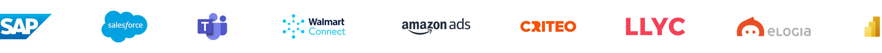 Comprehensive banner of Flipflow's tech ecosystem and retail partner logos, including SAP, Salesforce, Microsoft Teams, Walmart Connect, Amazon Ads, Criteo, LLYC, Elogia, Salsify, and Google Analytics