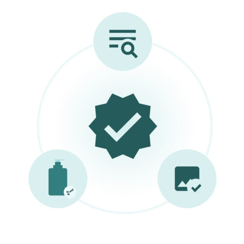 Central "verified" checkmark icon surrounded by a text icon, image icon and packaging icon.